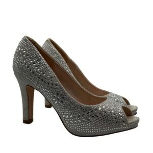 DE BLOSSOM COLLECTION Silver Rhinestone Peep Toe Stiletto Heels Shoes Size 8